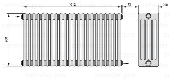 Схема (чертеж) Радиатор Zehnder Charleston 6090/22 №1670 Белый глянцевый RAL 9016